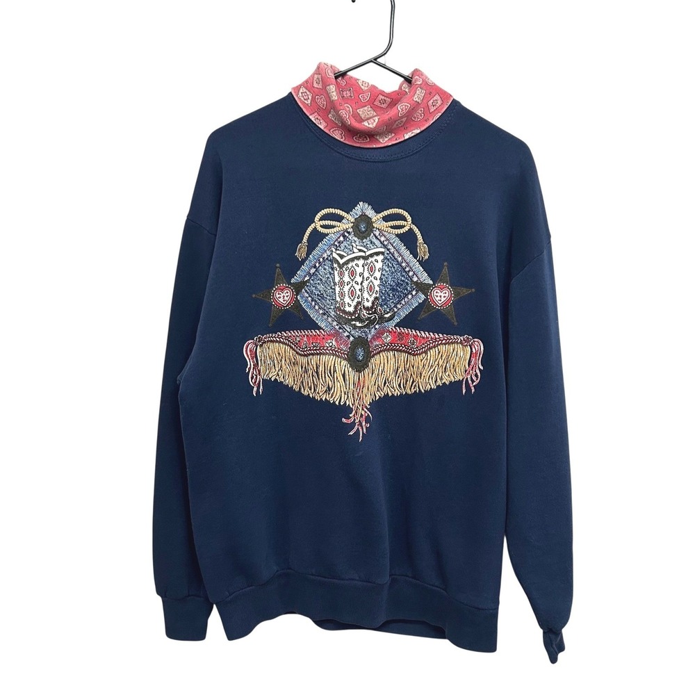 Vintage Gopher Sport Western Cowboy Boot Fringe Sweatshirt‎ Mock Neck L